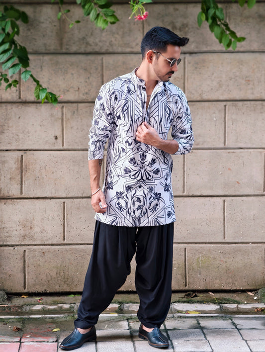 Men’s Designer Printed Kurta with Black Salwar – Ethnic & Festive Wear