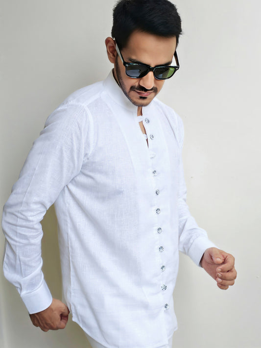 Men's White Mandarin Looped Button Linen Cotton Shirt