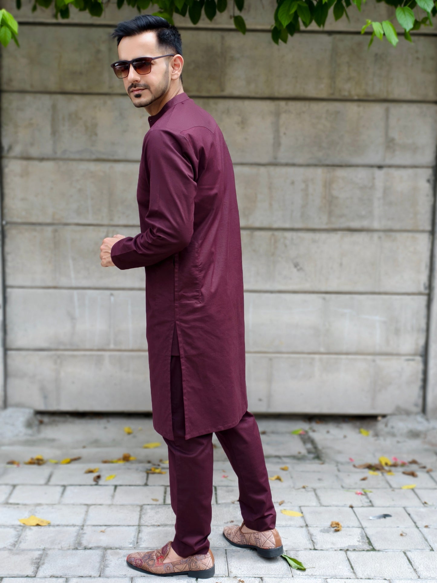 Men’s Solid Maroon Mandarin Collar Kurta Pajama Set | Ethnic Wear for Wedding, Festive & Party