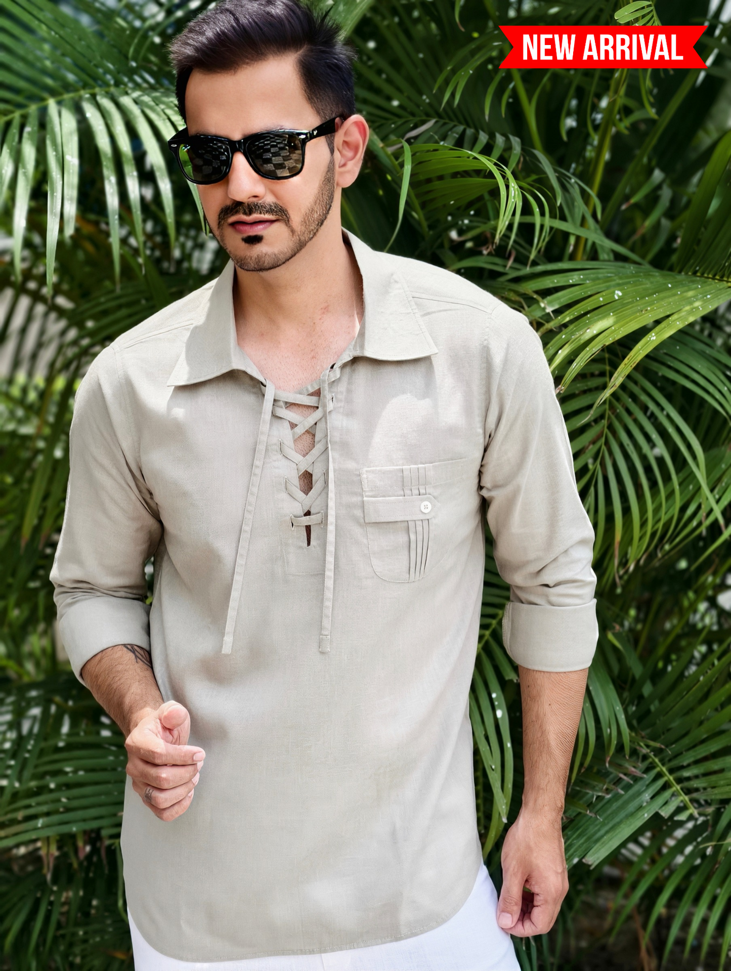 Men’s Lace-Up Collar Linen Cotton Kurta Shirt