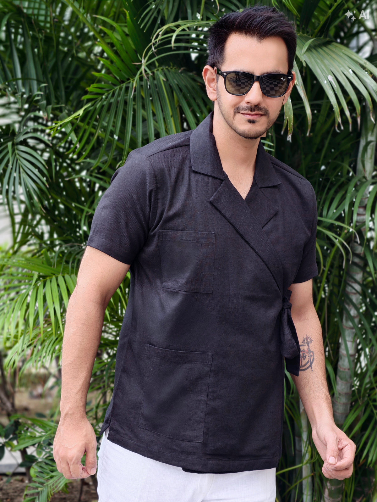 Men’s Black Wrapped Jacket Style Knot Shirt