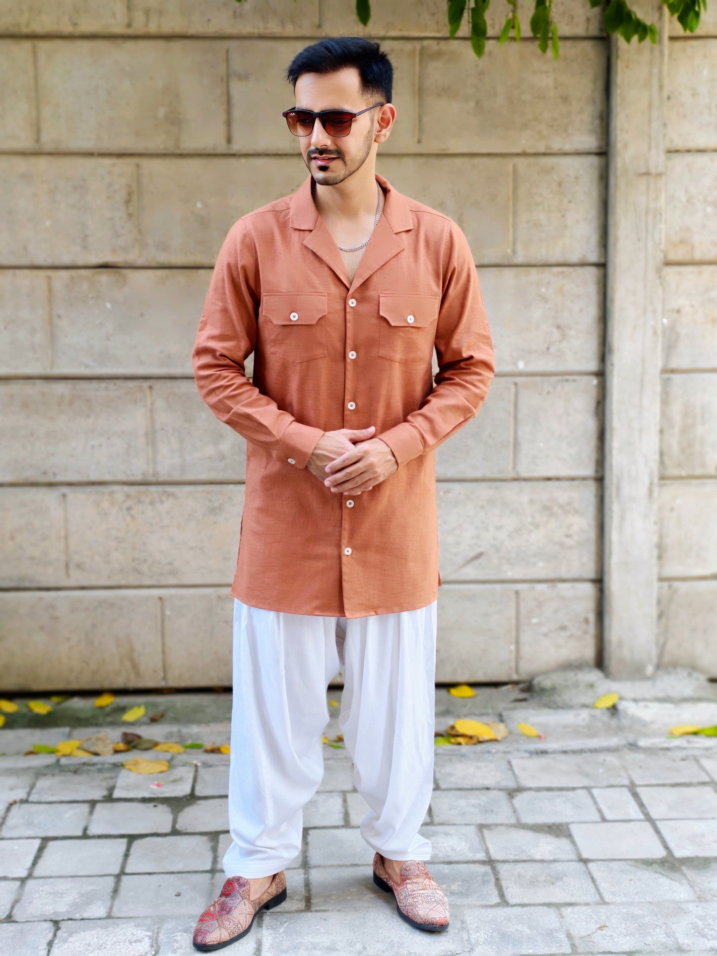 Men’s Coat Collar Rust Brown Button-Down Kurta with White Dhoti Salwar | Ethnic & Festive Wear