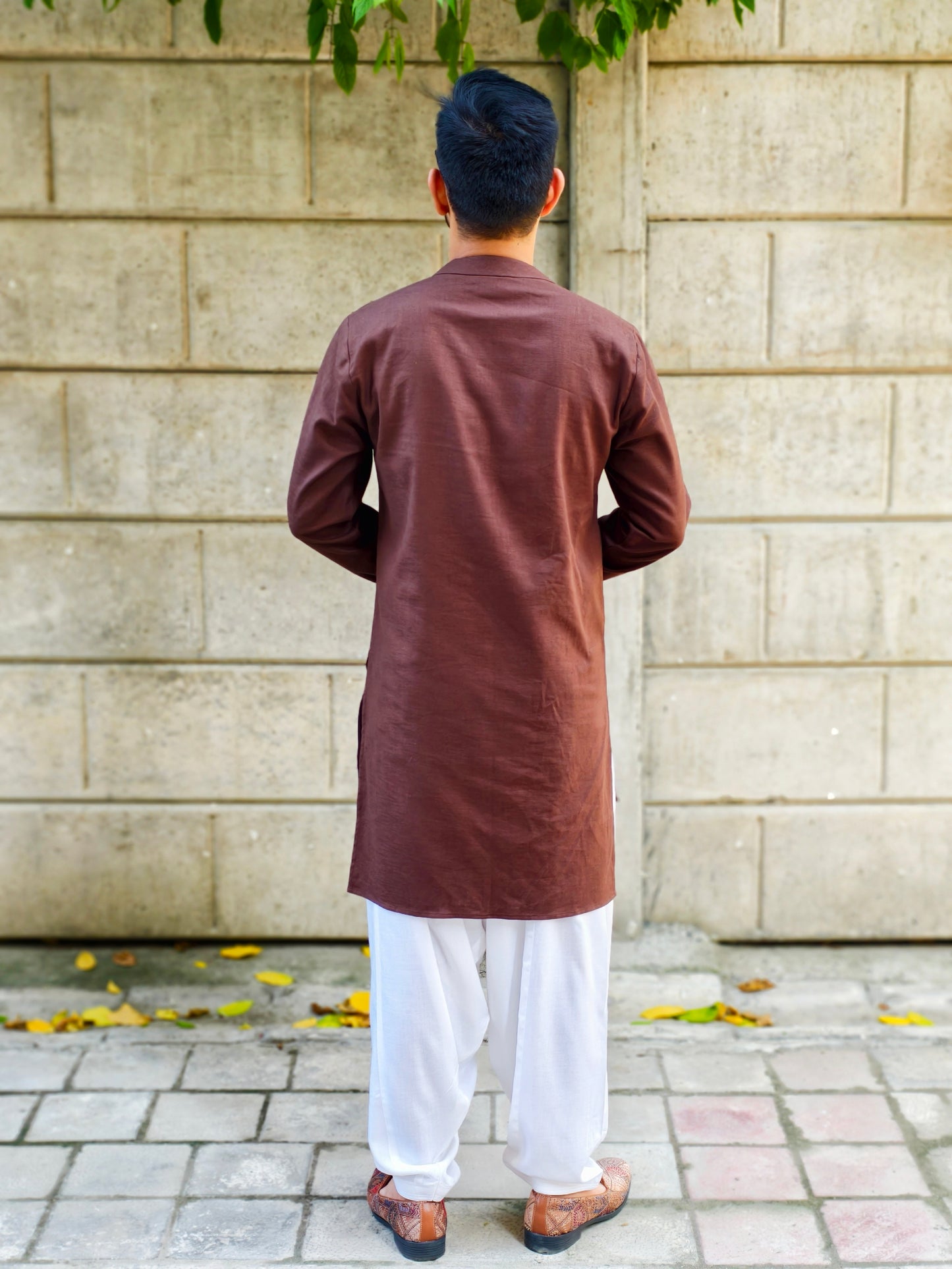 Men’s Brown Asymmetric Button Kurta with White Salwar | Ethnic Wear for Weddings & Festive Occasions