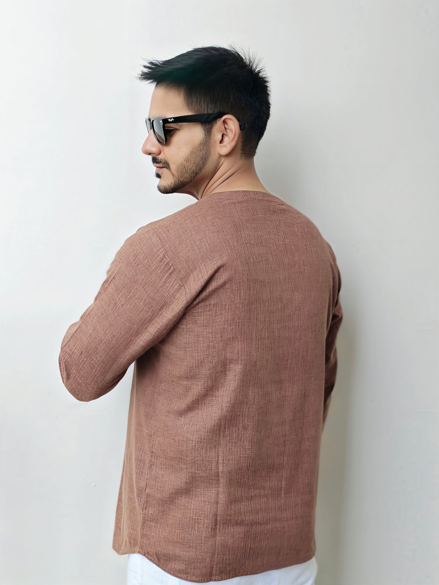 Men’s Brown Lace Up Short Cotton Kurta