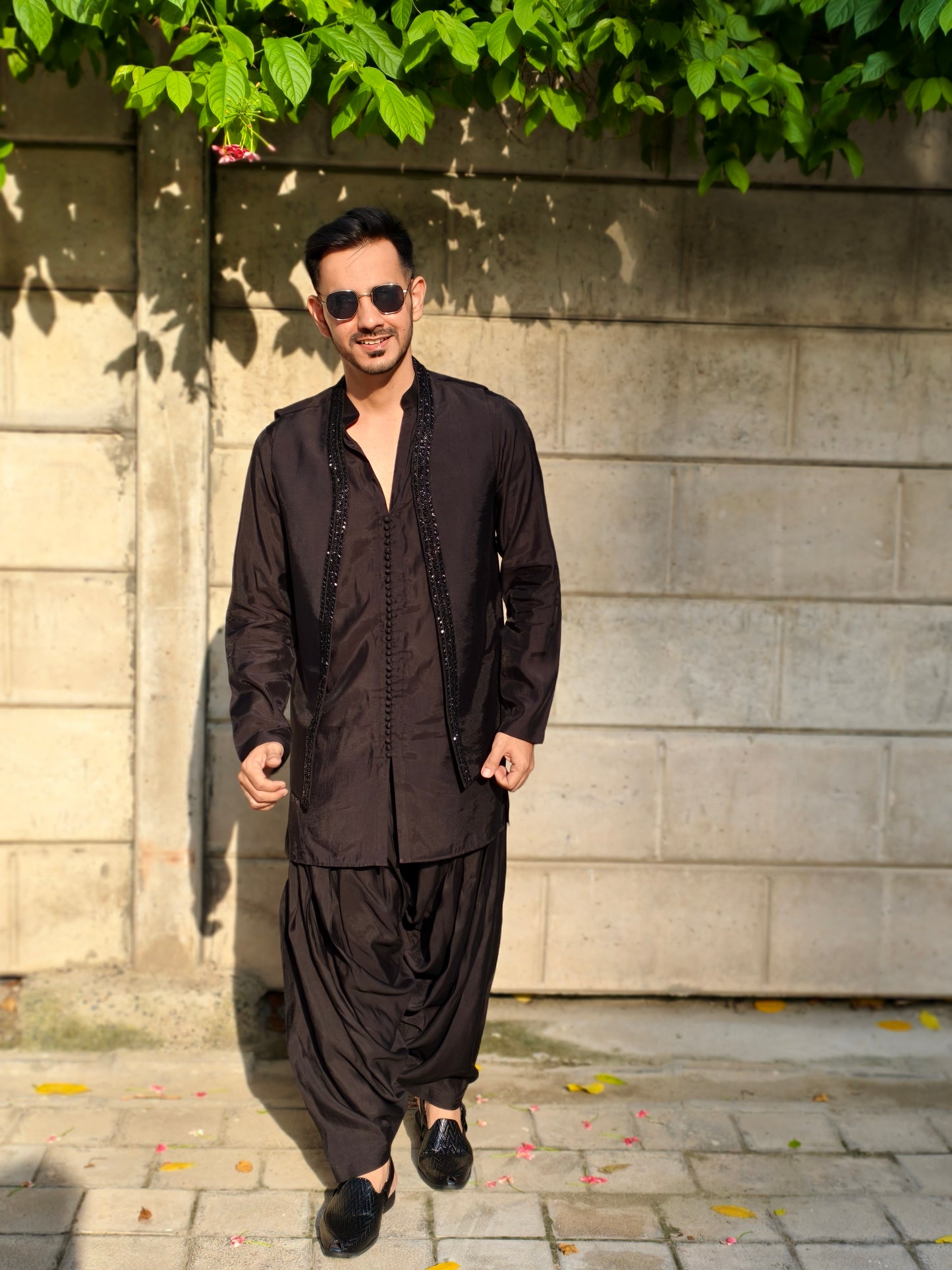 Men’s Black Designer Kurta Set with Pleated Dhoti Pants and Open Jacket