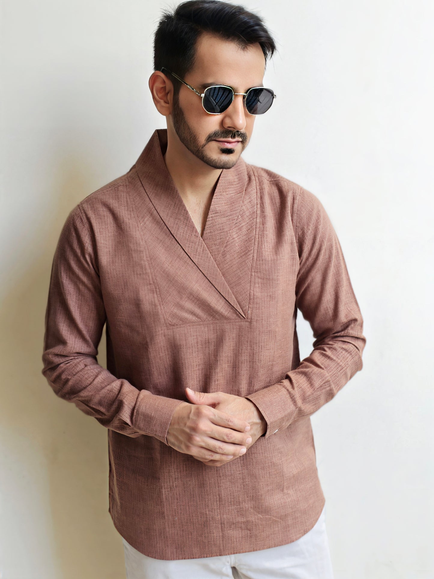 Men's Premium Textured Cotton Cowl Neck Shirt
