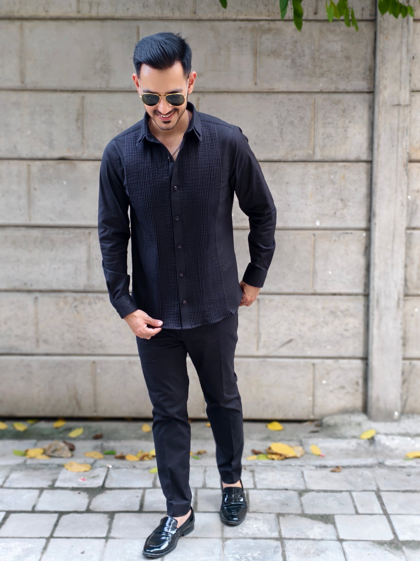 Men’s Black Double Collar Pintex Button-Down Shirt | Slim Fit Party & Office Wear