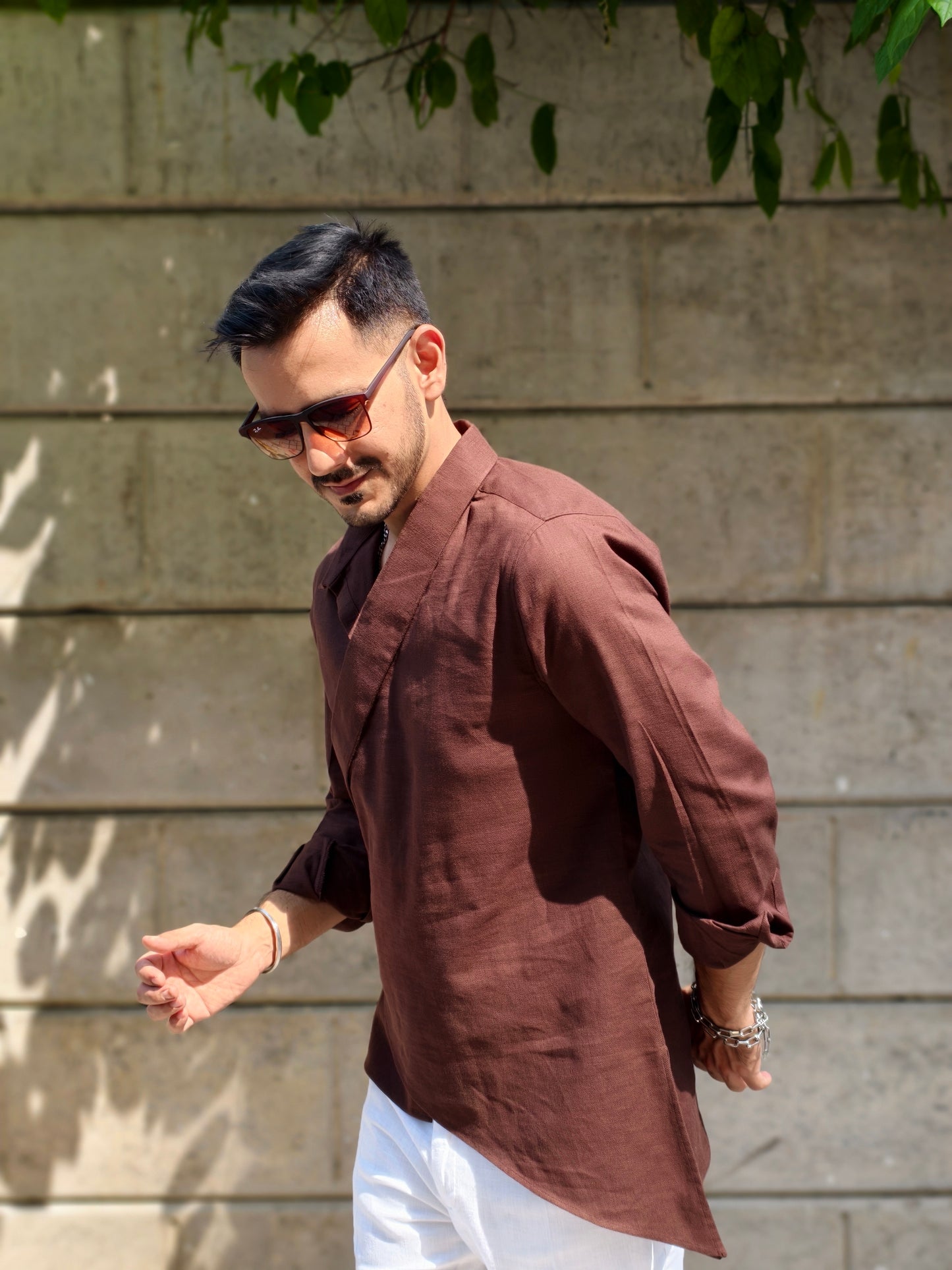 Men’s Designer Brown Asymmetric Casual Wrap Kurta Shirt | Modern Casual & Party Wear