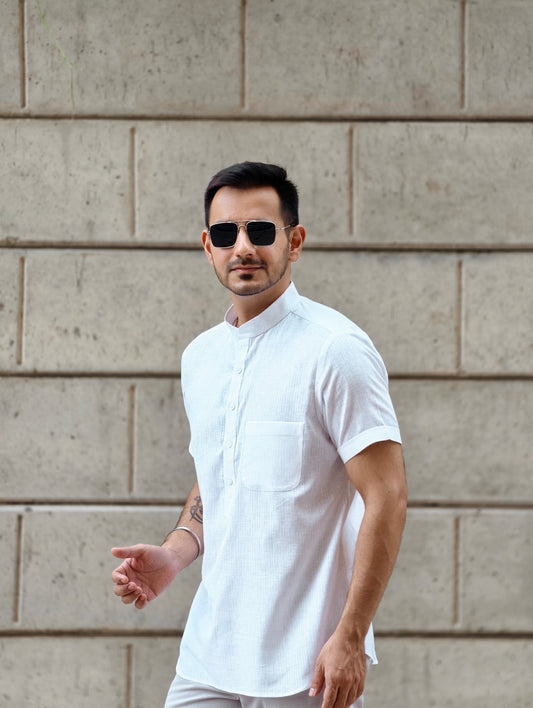 Men’s White Premium Cotton Half Sleeves Short Kurta