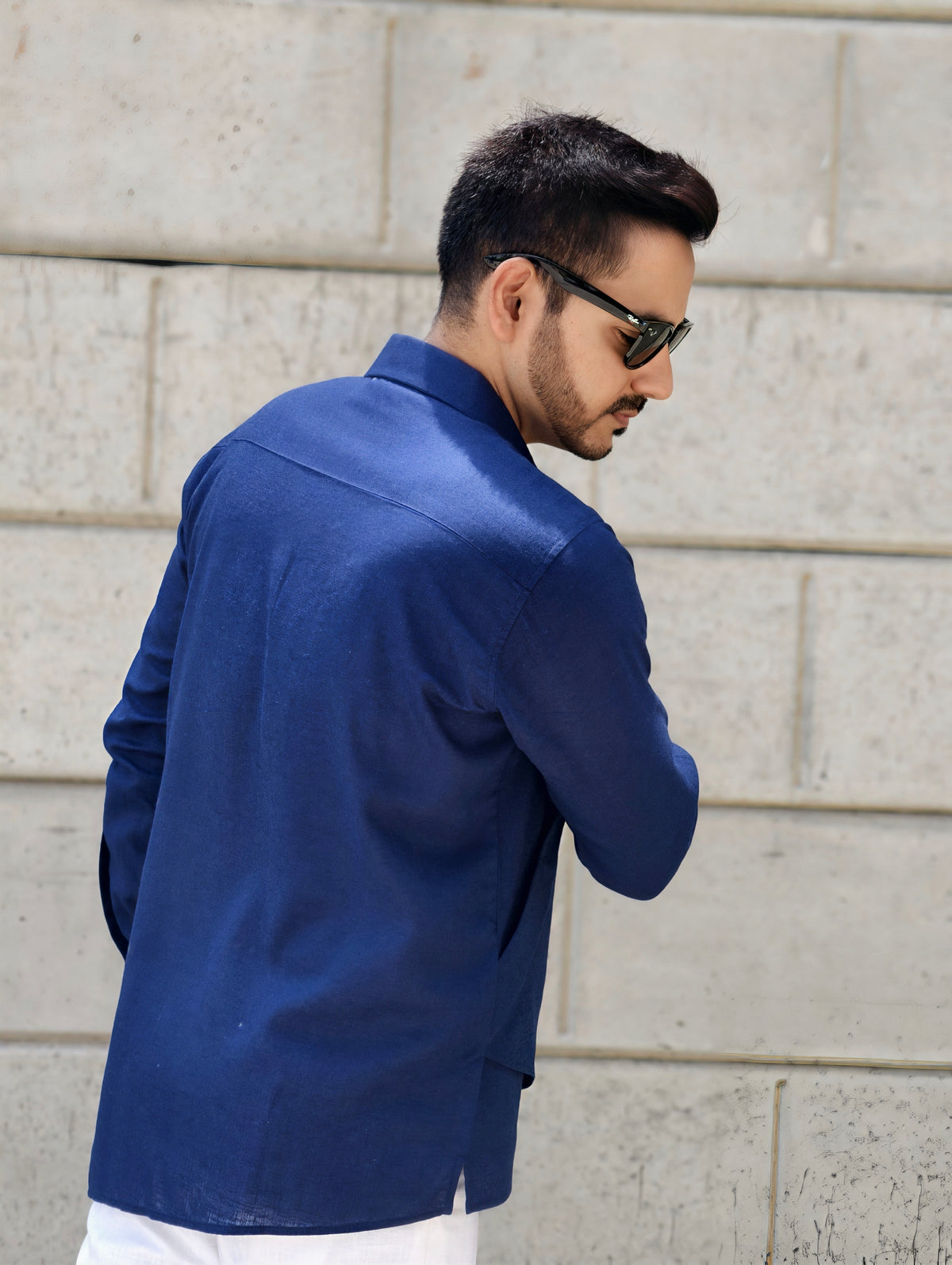 Men’s Navy Asymmetrical Casual Wrap Linen Kurta Shirt