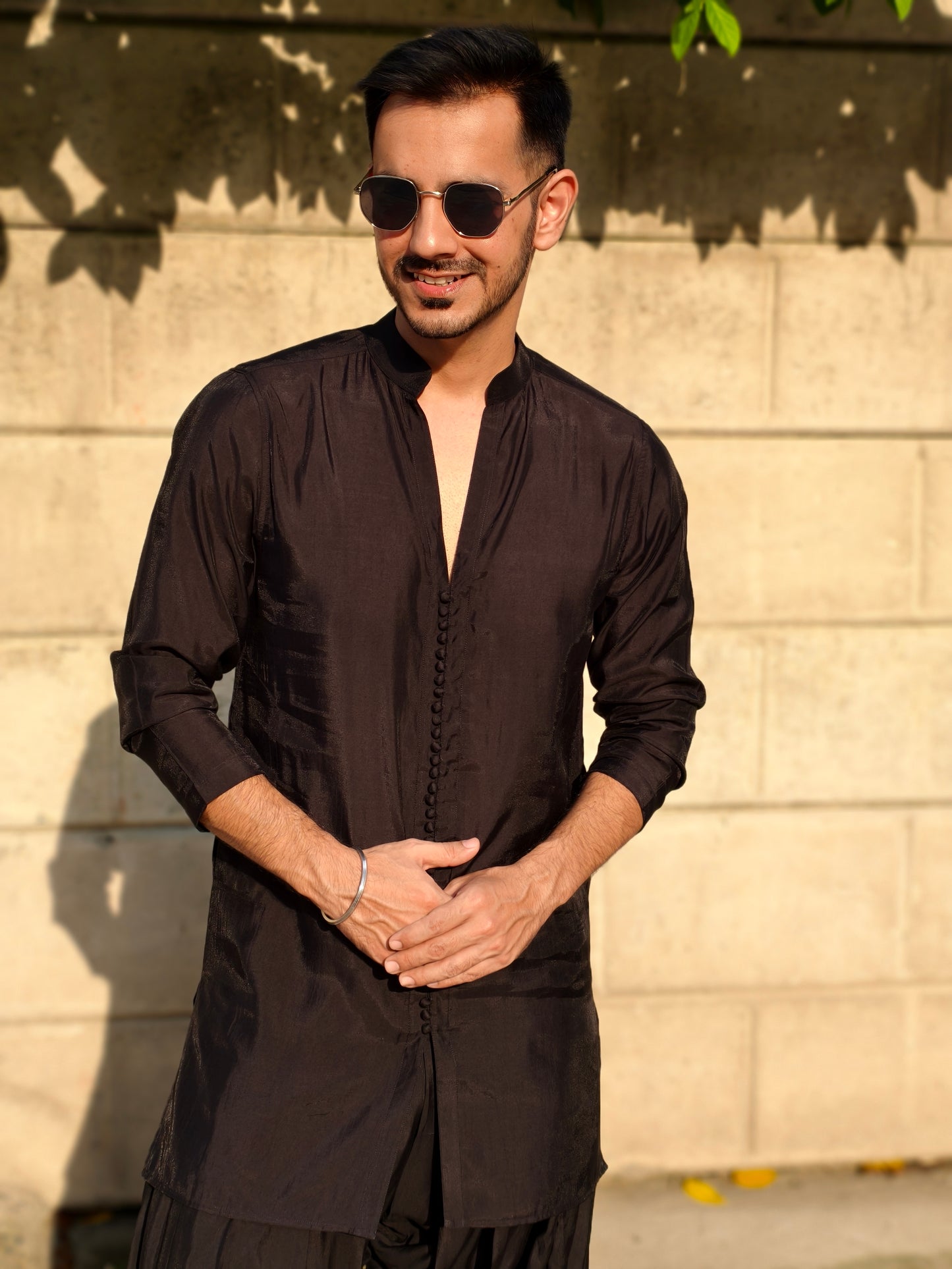Men’s Black Designer Kurta Set with Pleated Dhoti Pants and Open Jacket