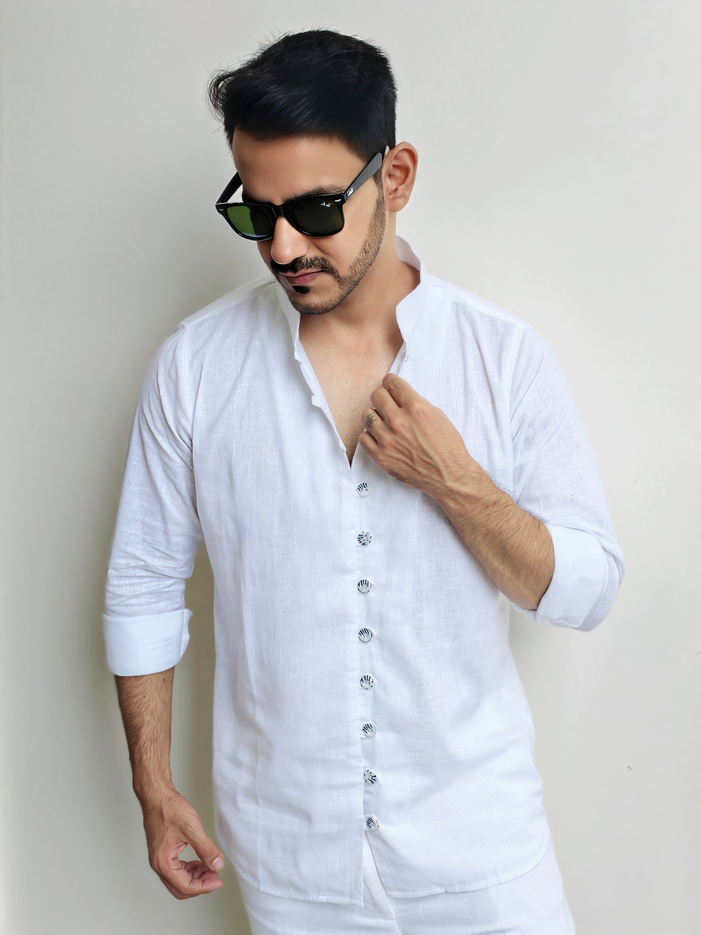 Men's White Mandarin Looped Button Linen Cotton Shirt