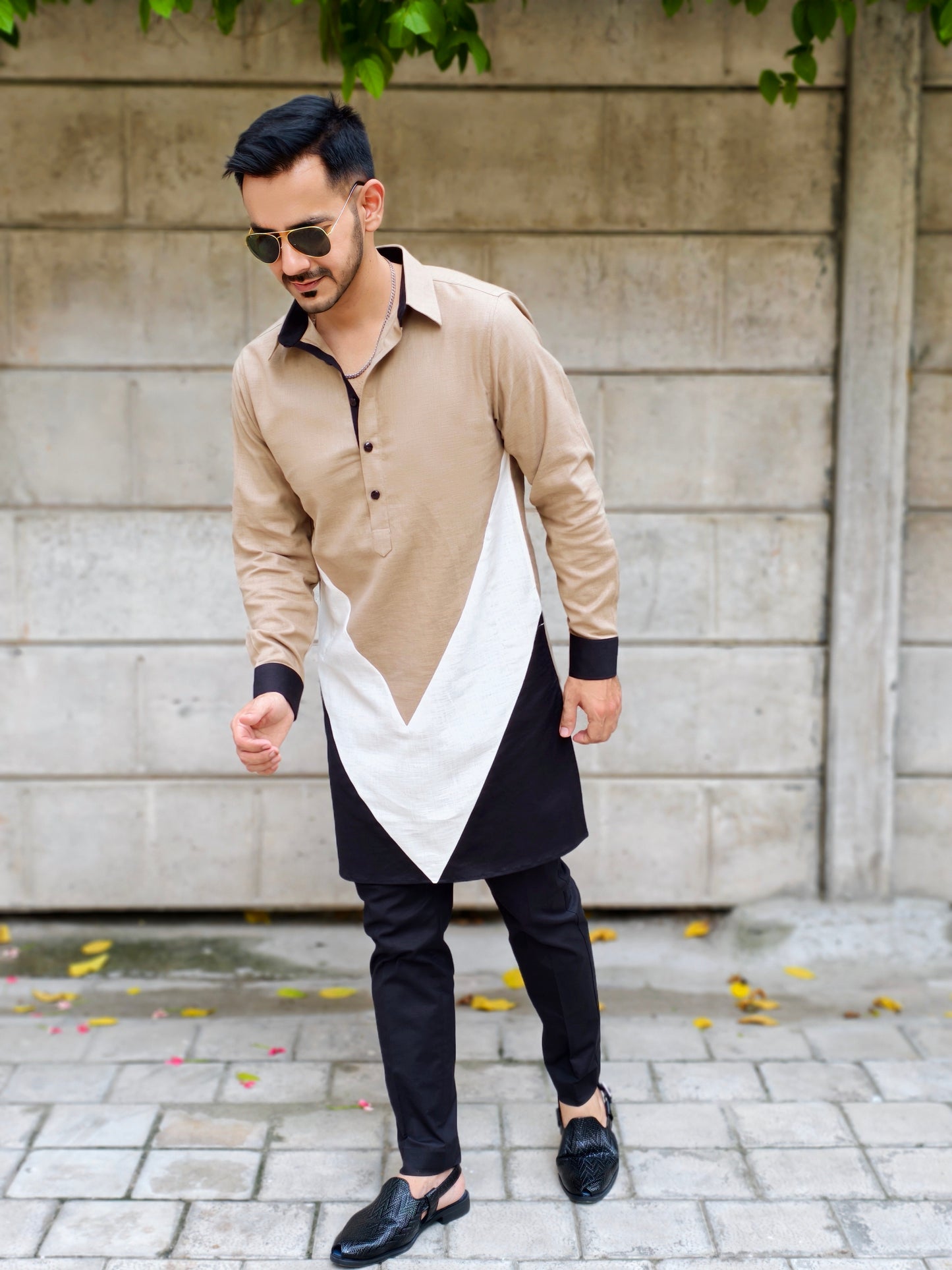 Men’s Designer Black, Khaki and Cream V-Style Contrast Kurta Pajama Set | Stylish Ethnic Wear for Weddings & Parties