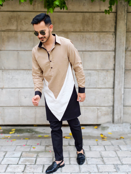 Men’s Designer Black, Khaki and Cream V-Style Contrast Kurta Pajama Set | Stylish Ethnic Wear for Weddings & Parties