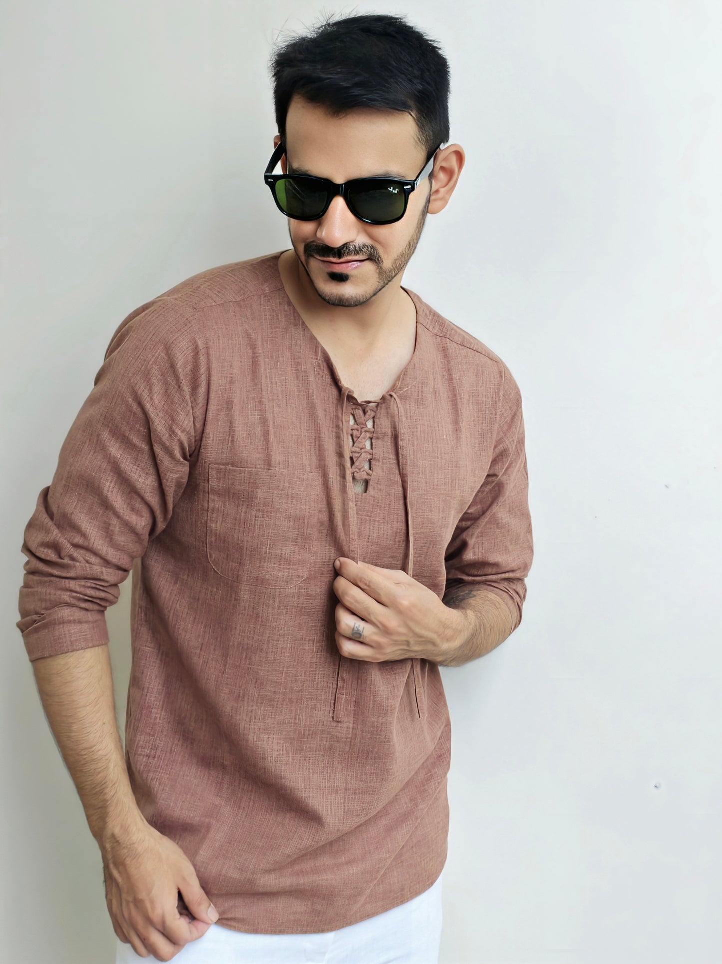 Men’s Brown Lace Up Short Cotton Kurta