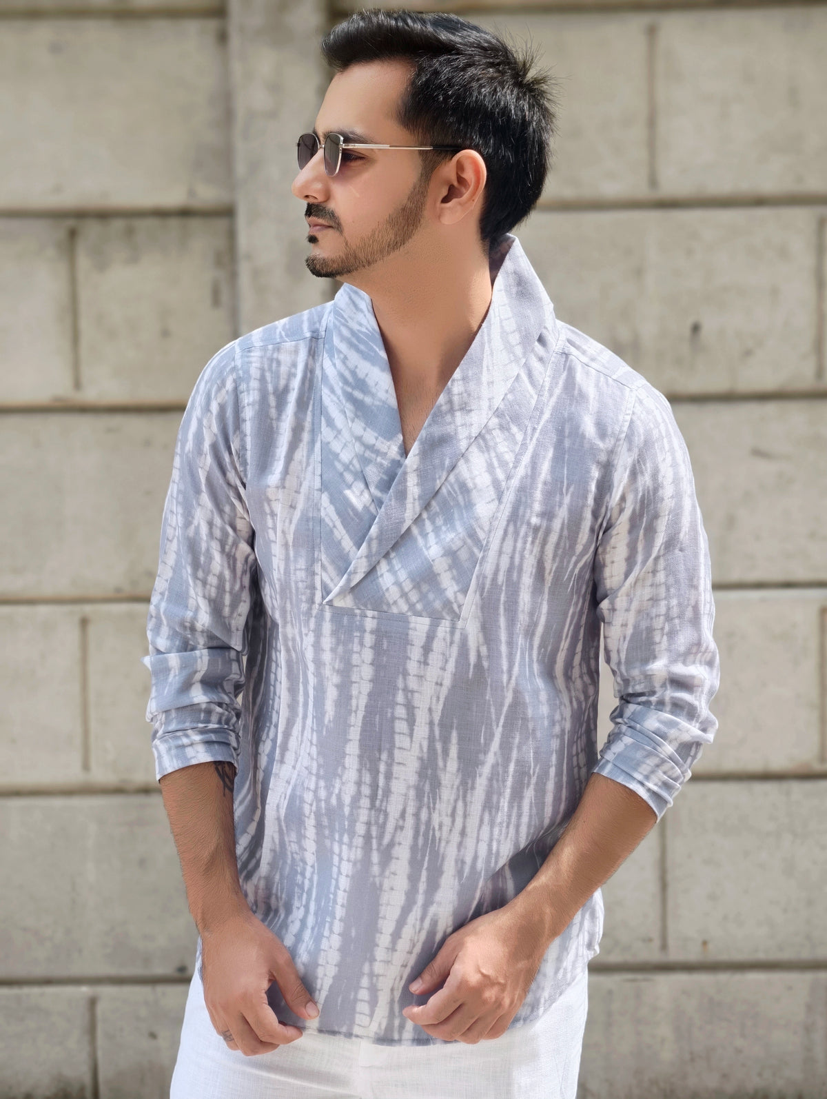 Men’s Grey Tie-Dye Shawl Collar Kurta Shirt