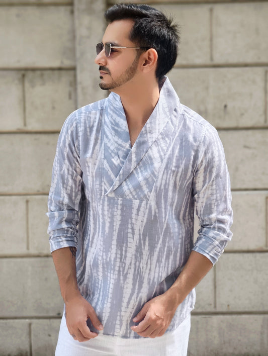 Men’s Grey Tie-Dye Shawl Collar Kurta Shirt