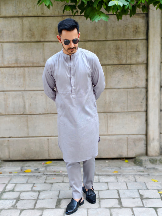 Men’s Grey Kurta Pajama with V-Style Striped Blue Nehru Jacket | Ethnic Wear Set for Parties & Festive Occasions