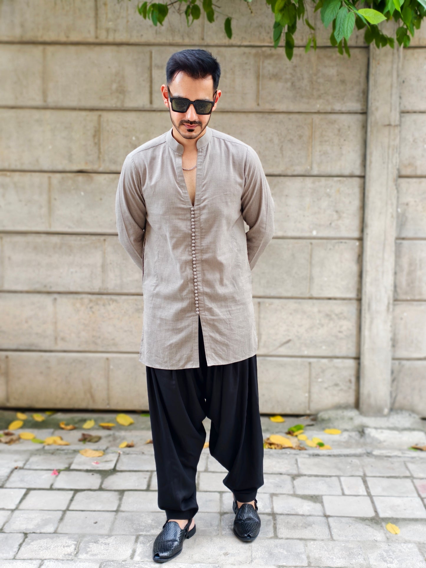 Men’s Taupe Textured Kurta with Black Dhoti Pants – Ethnic Wear Set