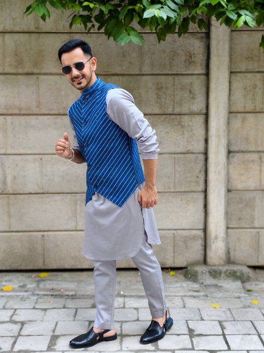 Men’s Stylish Blue Striped V-Style Nehru Jacket | Festive & Wedding Wear