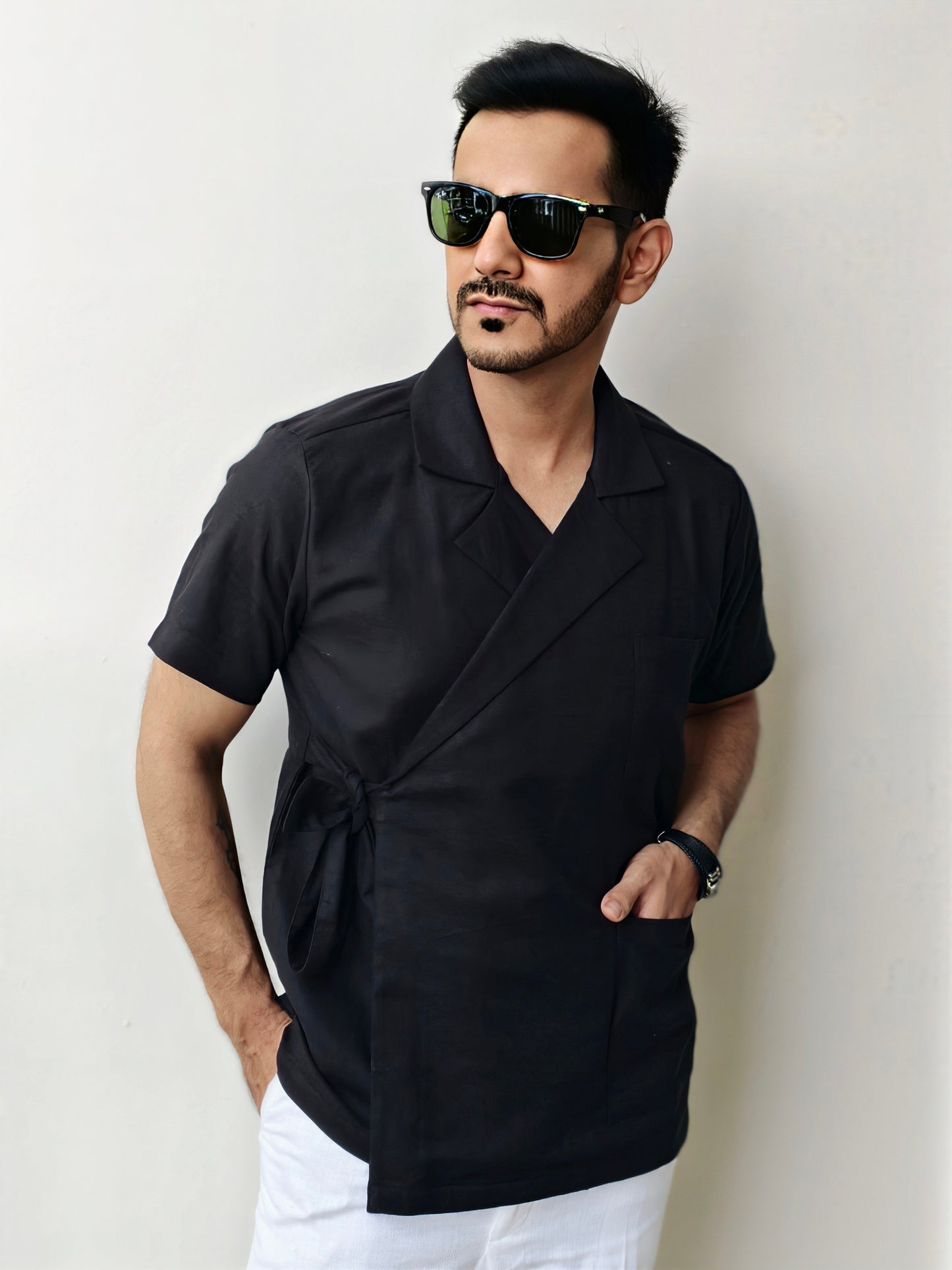 Men’s Black Wrapped Jacket Style Knot Shirt