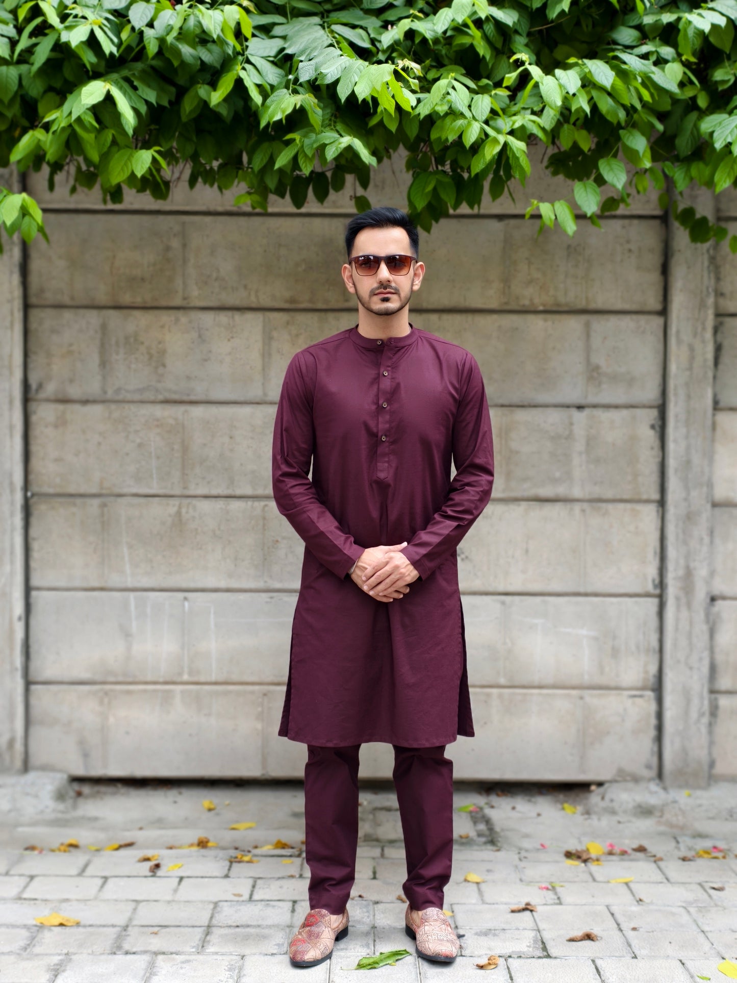 Men’s Solid Maroon Mandarin Collar Kurta Pajama Set | Ethnic Wear for Wedding, Festive & Party