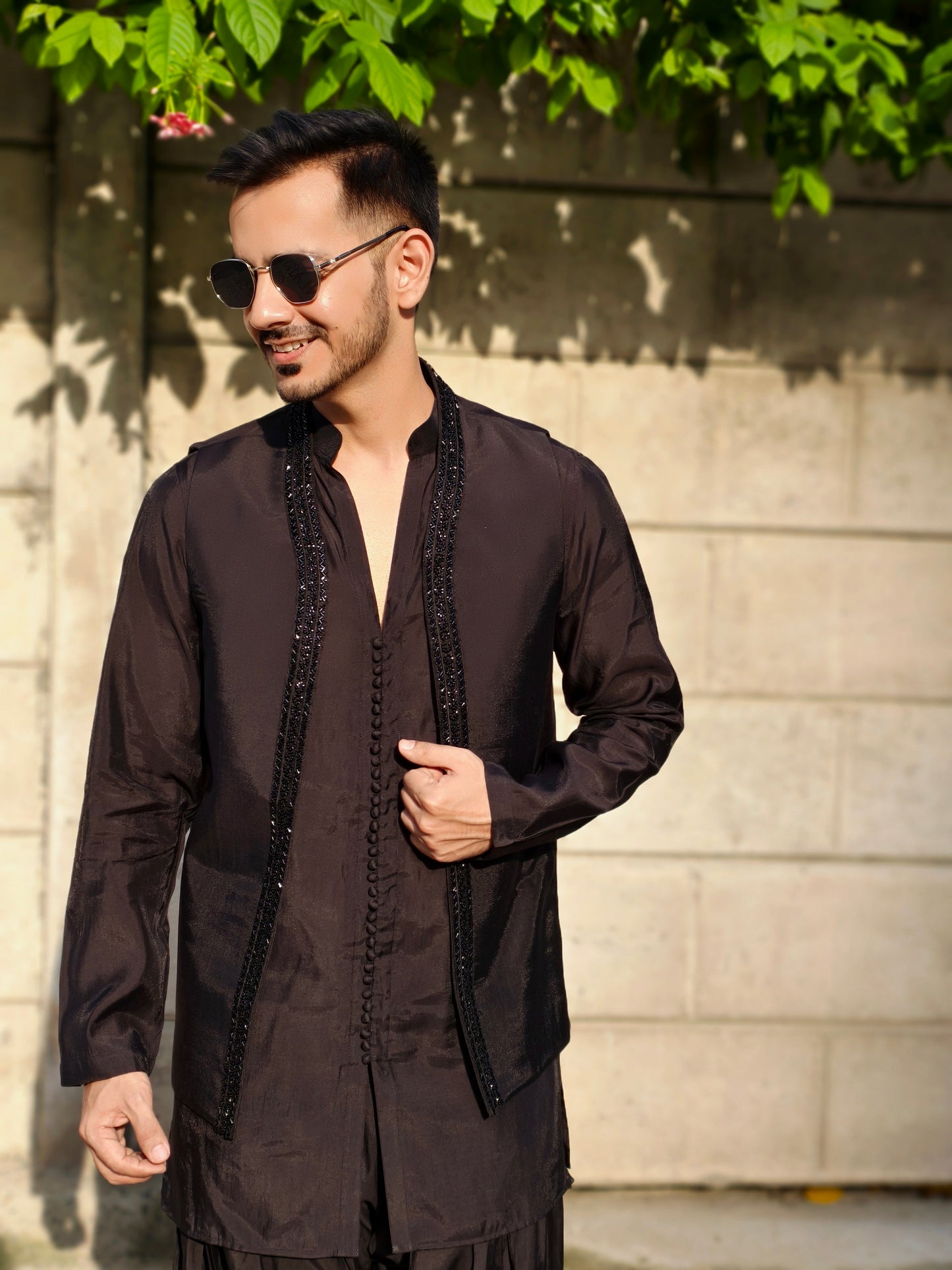 Men’s Black Designer Kurta Set with Pleated Dhoti Pants and Open Jacket