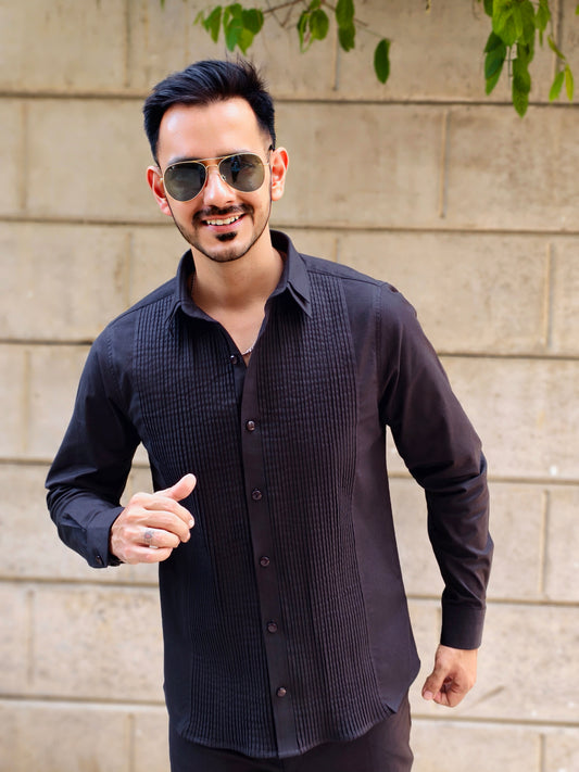 Men’s Black Double Collar Pintex Button-Down Shirt | Slim Fit Party & Office Wear