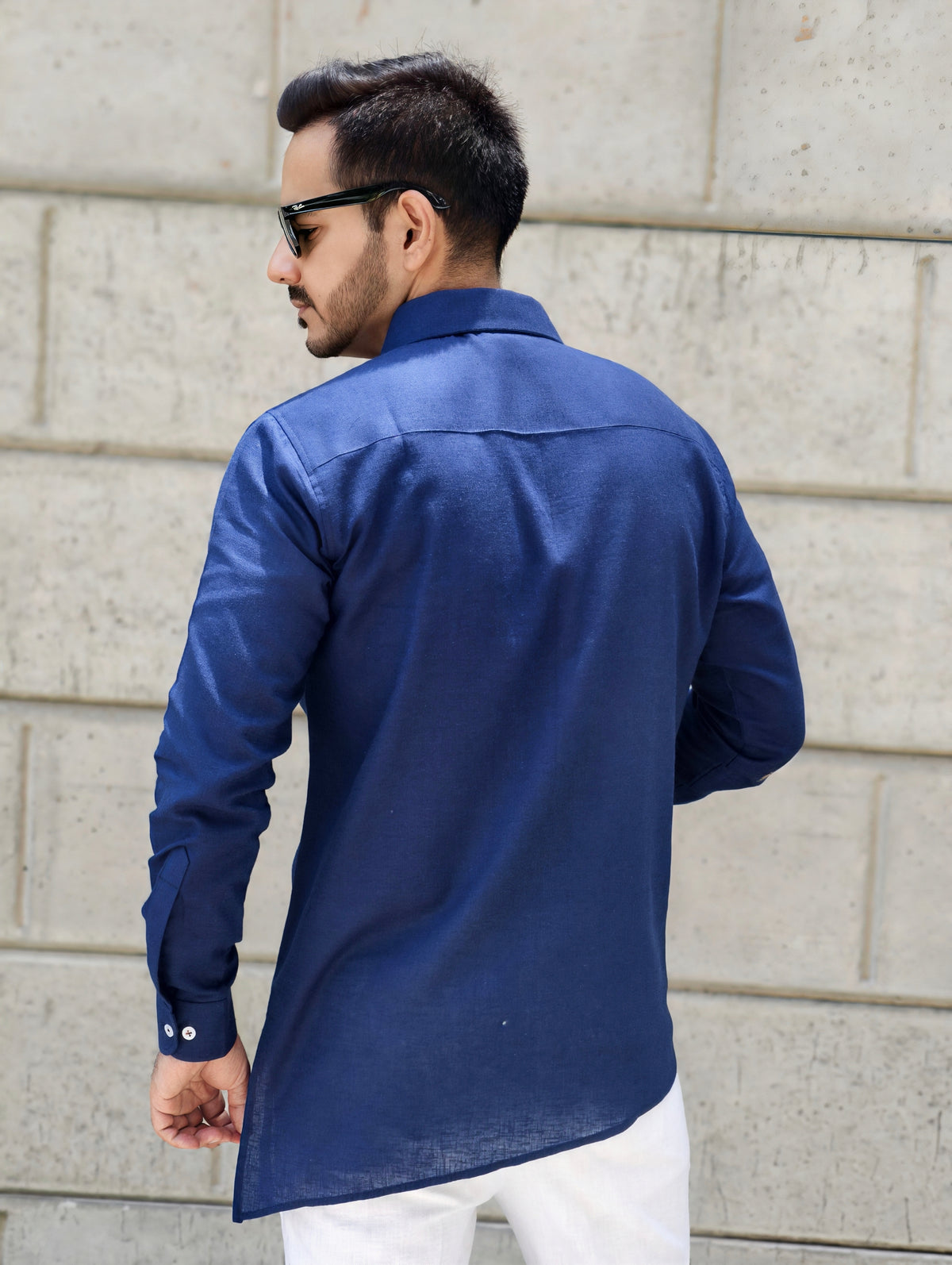 Men’s Navy Asymmetrical Casual Wrap Linen Kurta Shirt