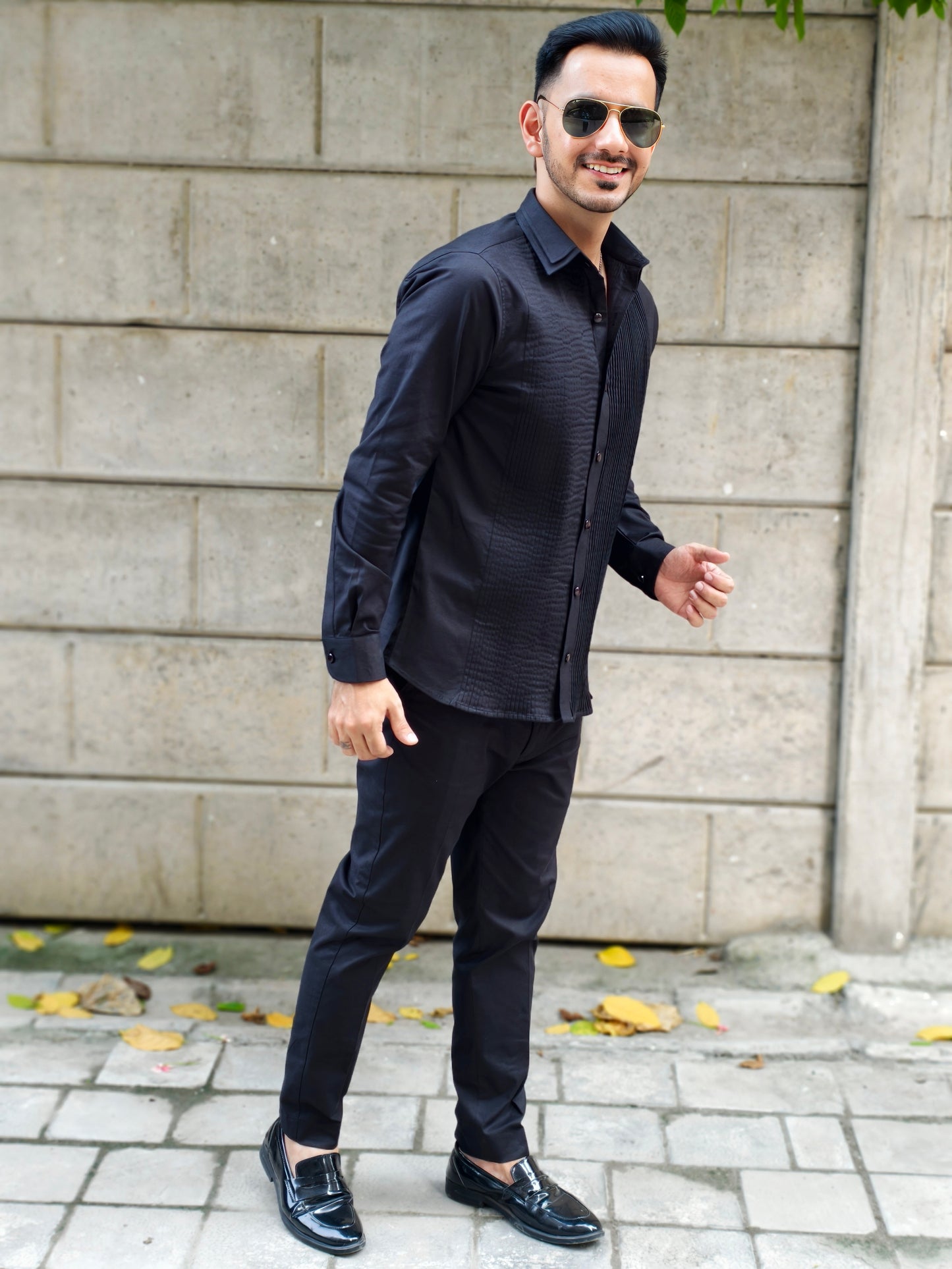 Men’s Black Double Collar Pintex Button-Down Shirt | Slim Fit Party & Office Wear