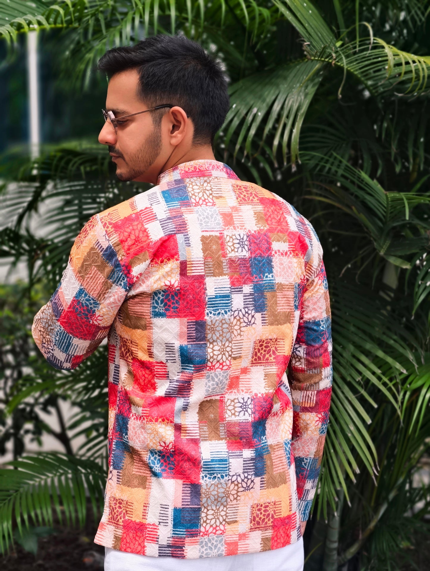 Men’s Multicolor Patchwork V-Mandarin Short Kurta