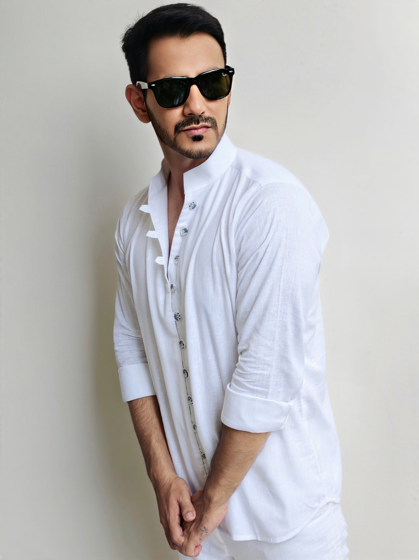 Men's White Mandarin Looped Button Linen Cotton Shirt