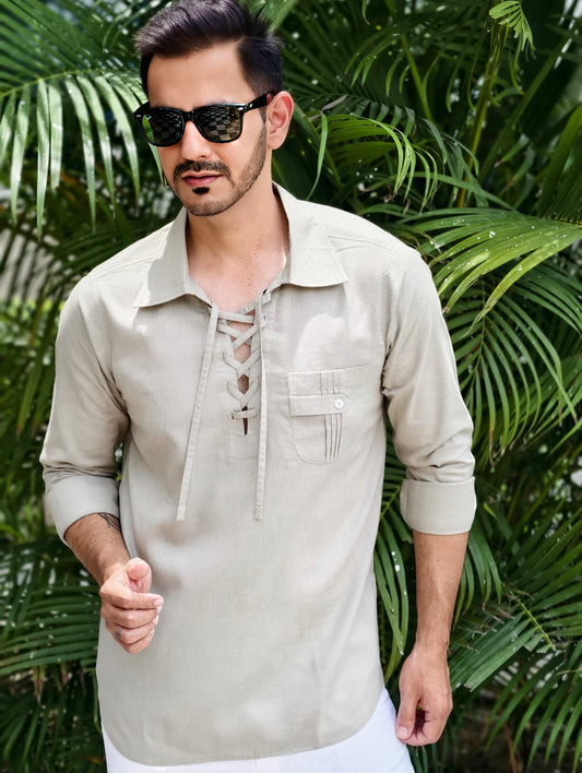 Men’s Lace-Up Collar Linen Cotton Kurta Shirt