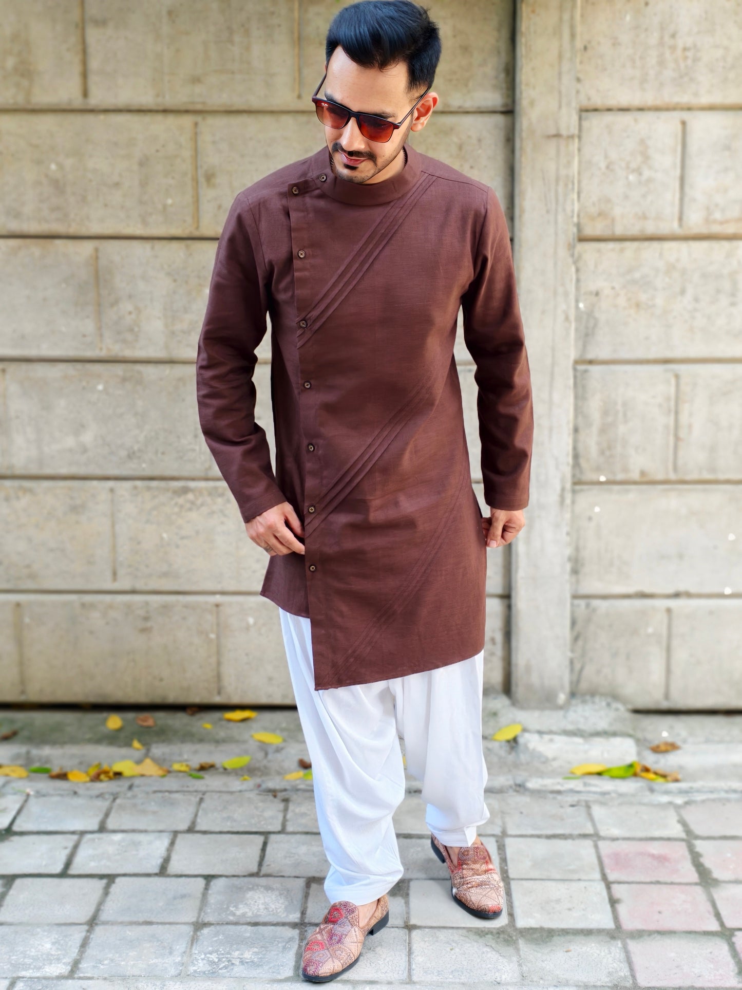 Men’s Brown Asymmetric Button Kurta with White Salwar | Ethnic Wear for Weddings & Festive Occasions