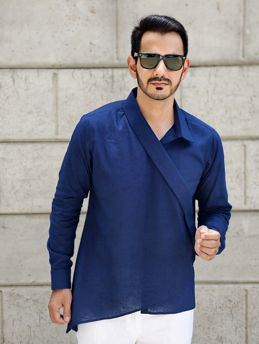 Men’s Navy Asymmetrical Casual Wrap Linen Kurta Shirt