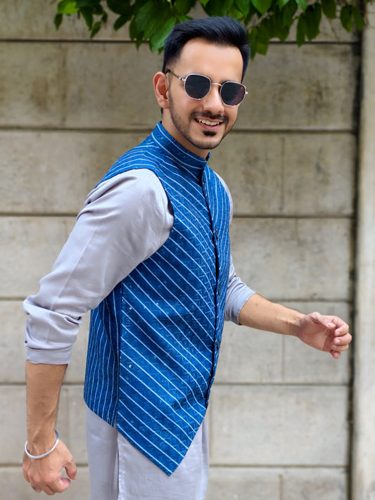 Men’s Blue And White Striped Ethnic Jacket