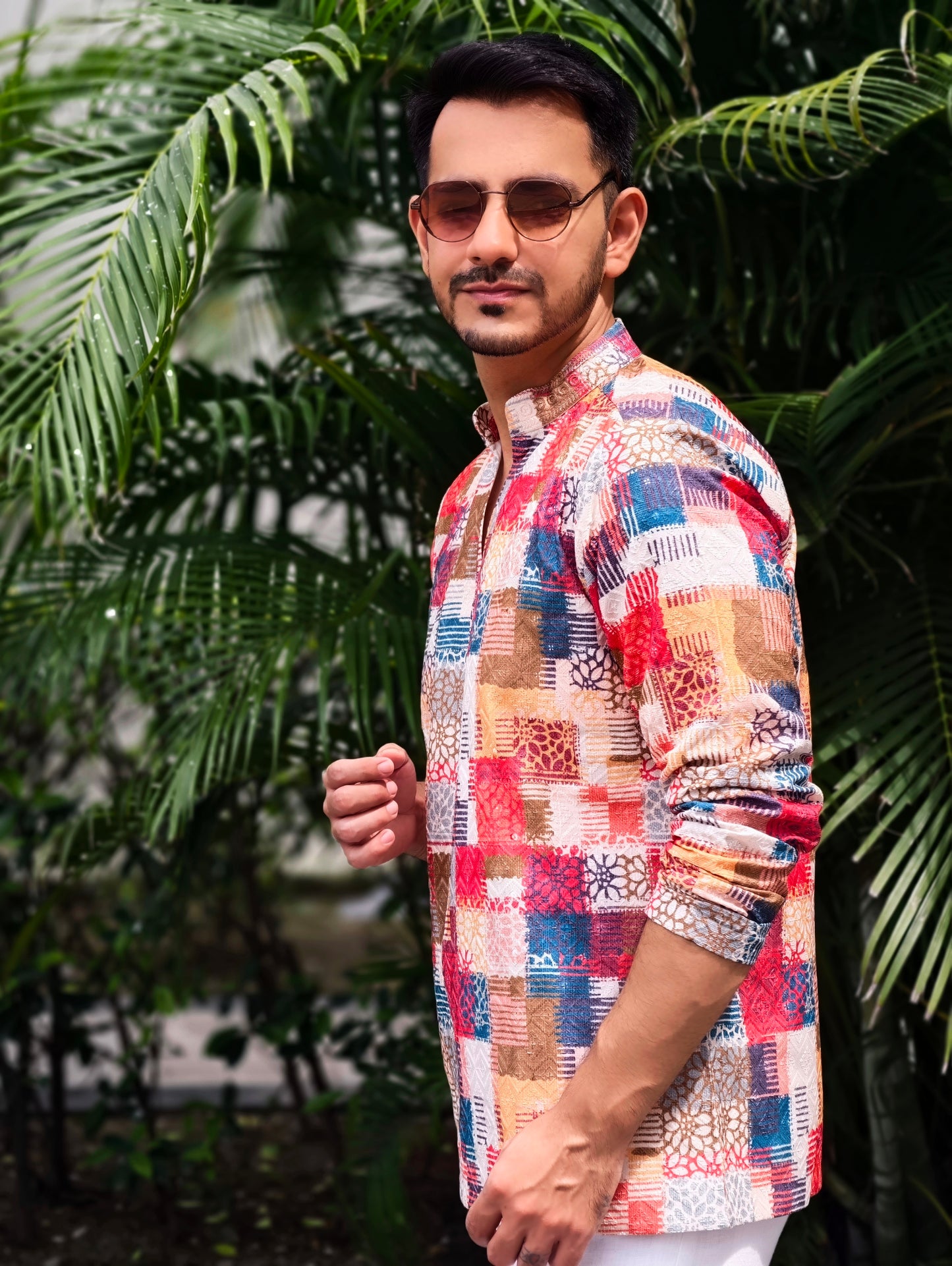 Men’s Multicolor Patchwork V-Mandarin Short Kurta