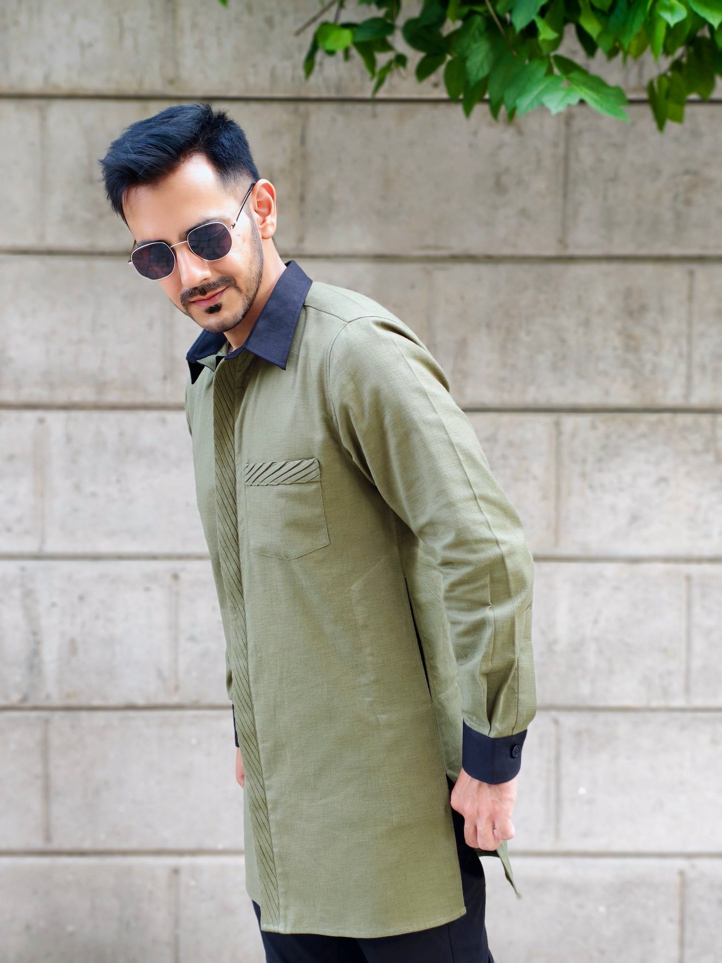 Men’s Olive Green Long Kurta Shirt with Designer Contrast Collar & Cuff with Black Pants | Festive & Party Wear