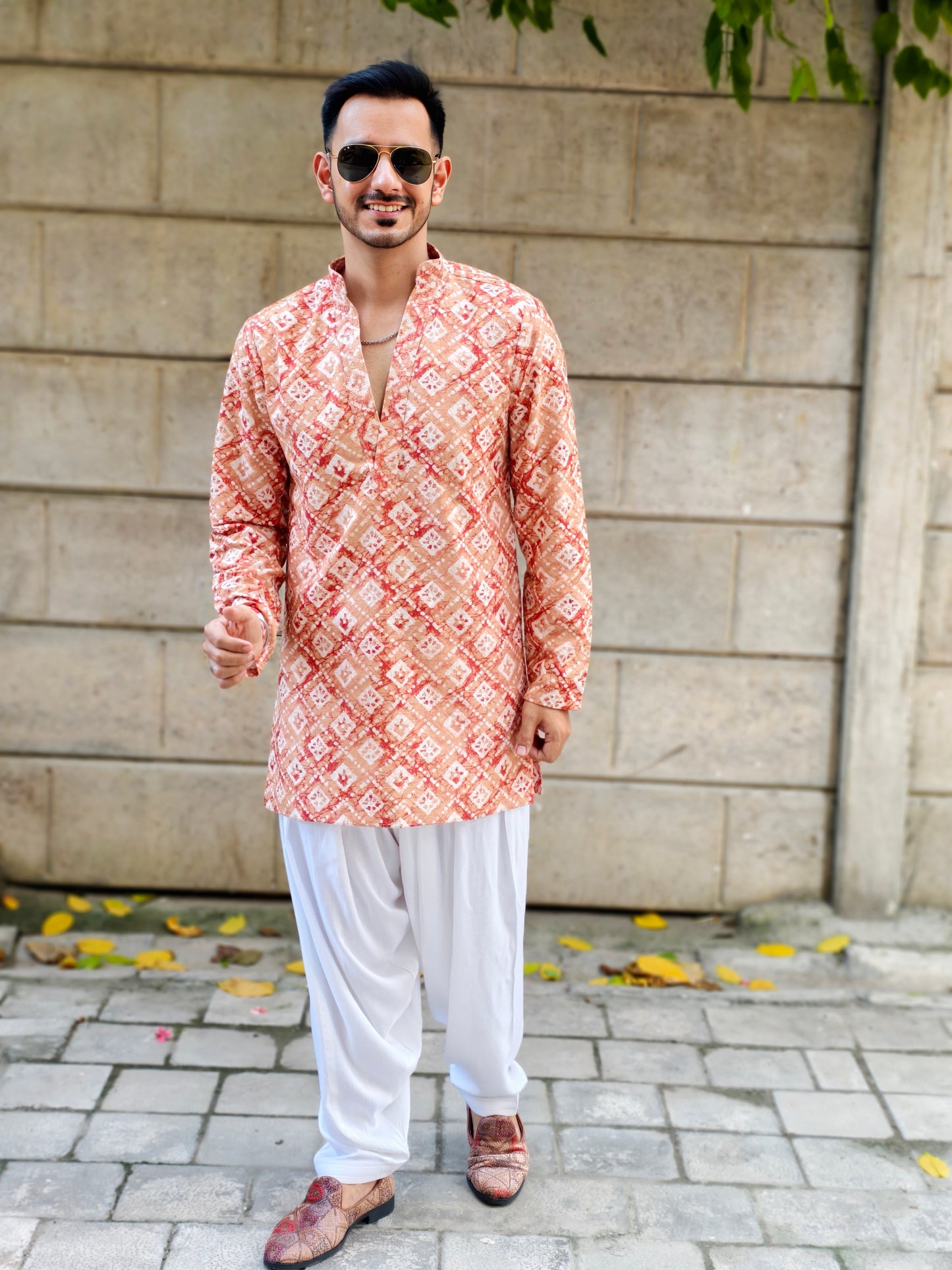 Men’s Split Neck Traditional Diamond Print Kurta Dhoti Set | Ethnic & Festive Wear