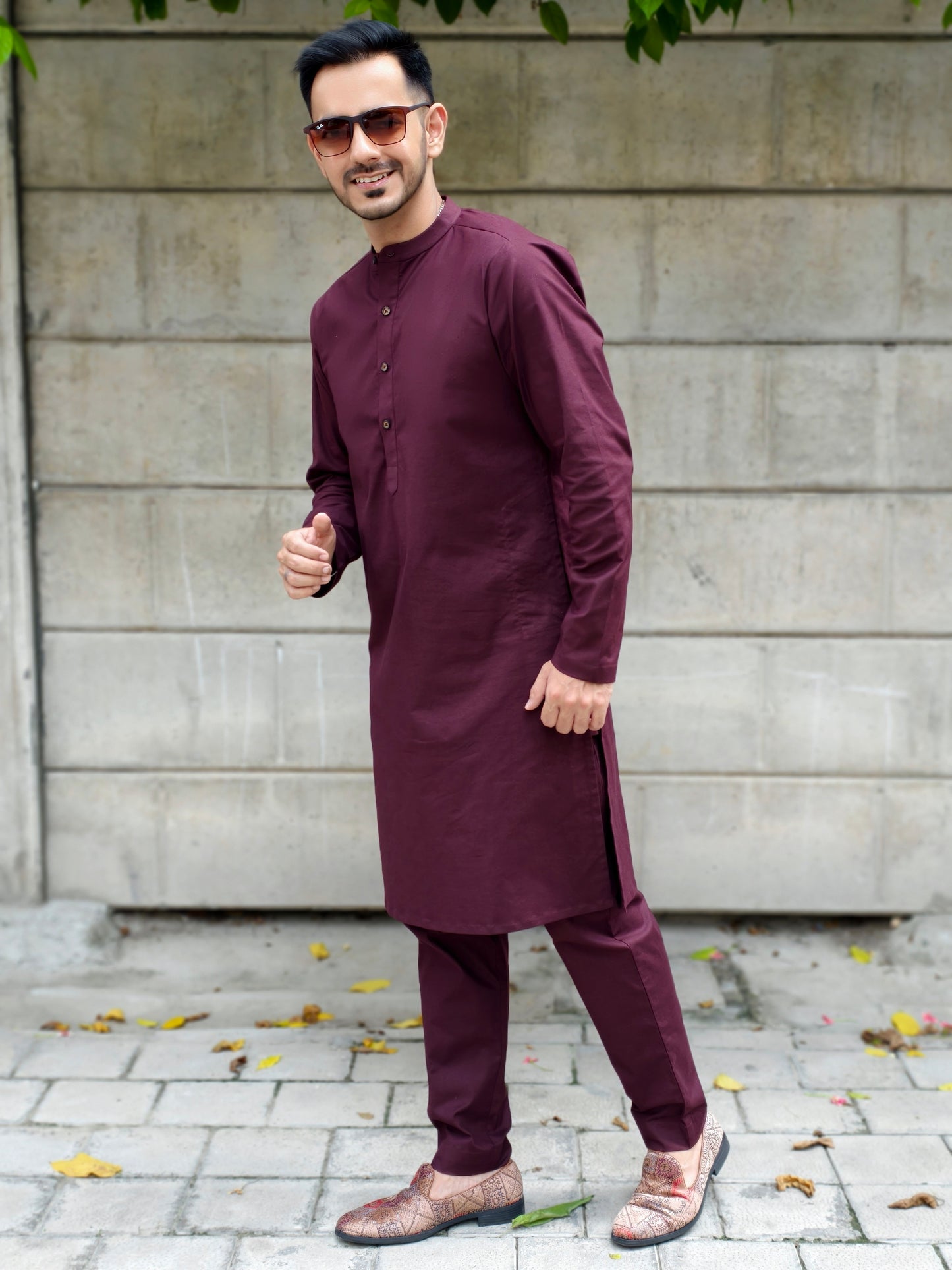 Men’s Solid Maroon Mandarin Collar Kurta Pajama Set | Ethnic Wear for Wedding, Festive & Party