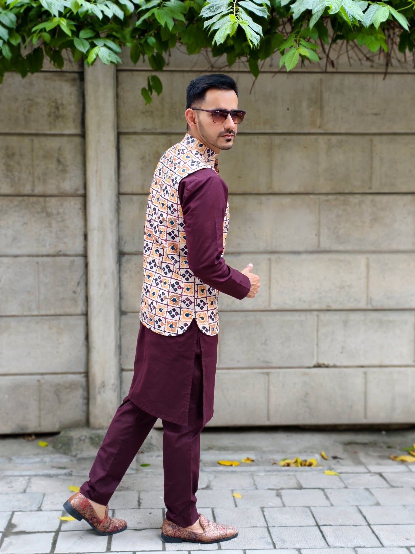 Men’s Multicolor Printed Nehru Jacket with Geometric Pattern | Ethnic Waistcoat for Wedding & Festive Wear