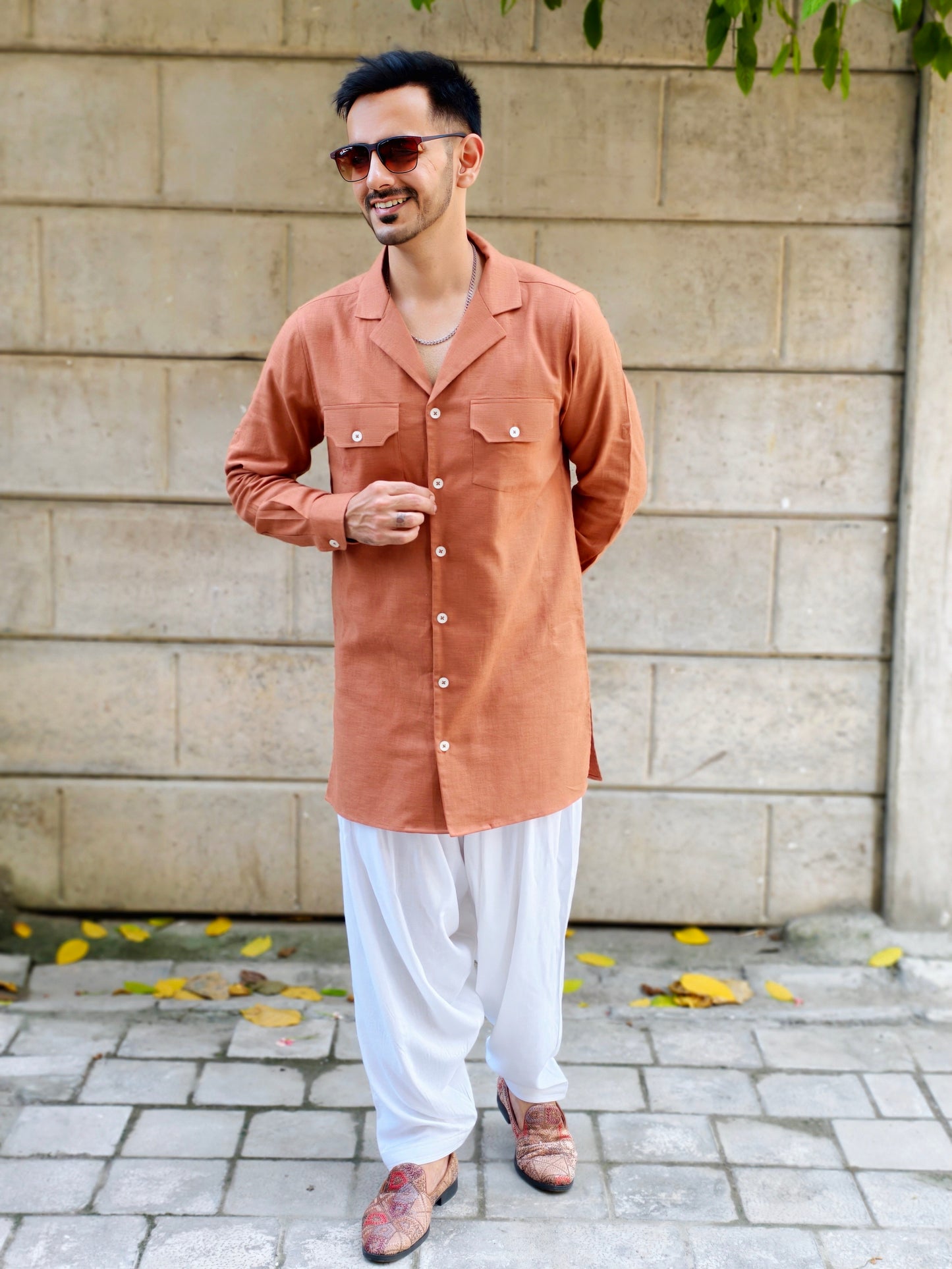 Men’s Coat Collar Rust Brown Button-Down Kurta with White Dhoti Salwar | Ethnic & Festive Wear