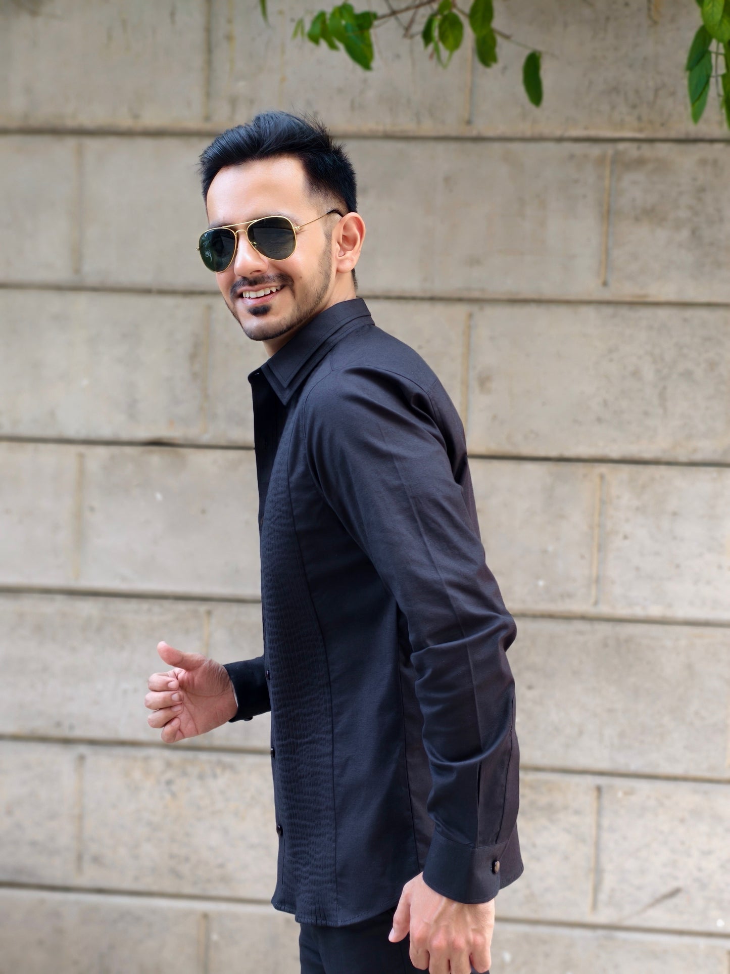 Men’s Black Double Collar Pintex Button-Down Shirt | Slim Fit Party & Office Wear