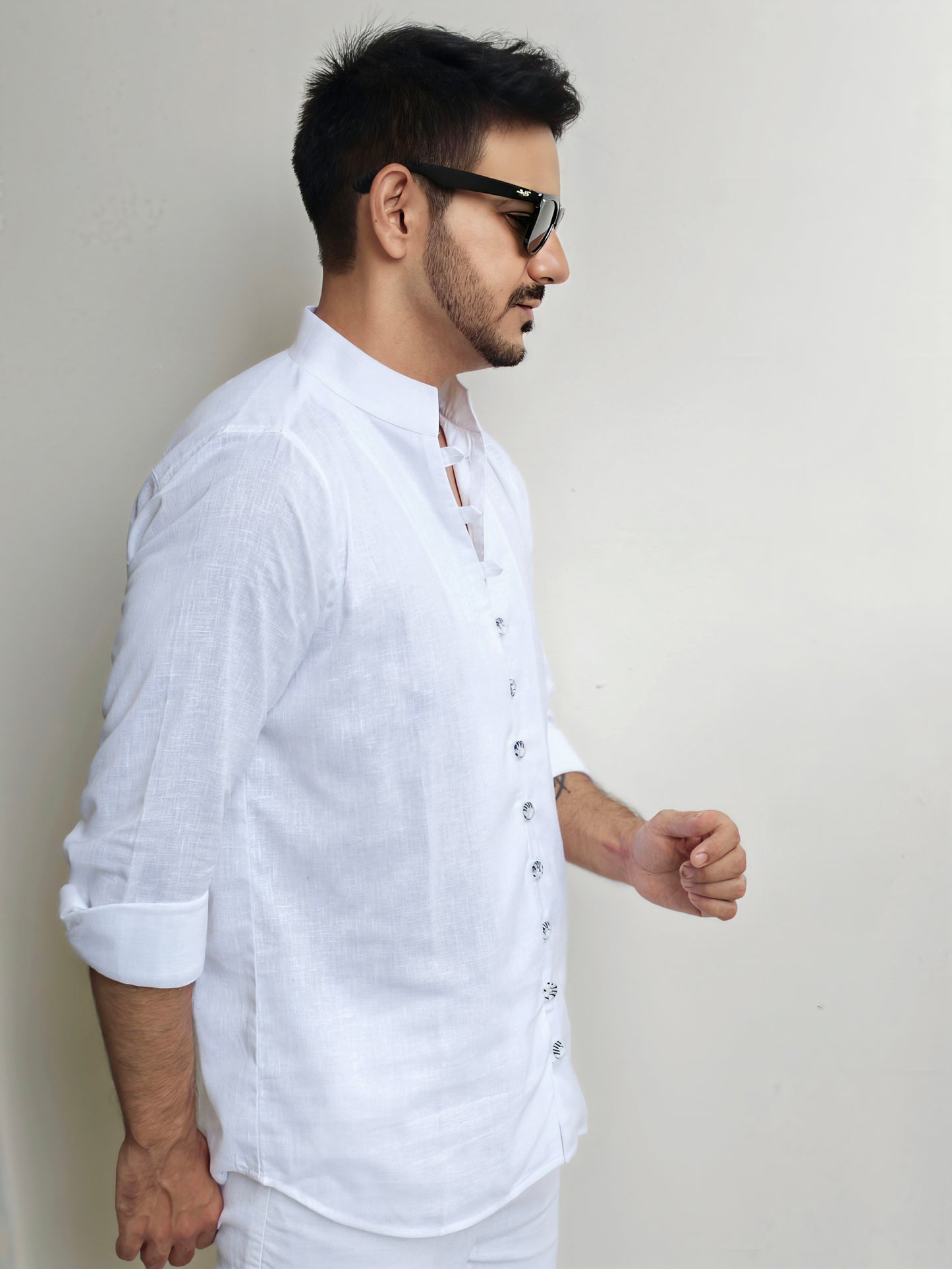 Men's White Mandarin Looped Button Linen Cotton Shirt