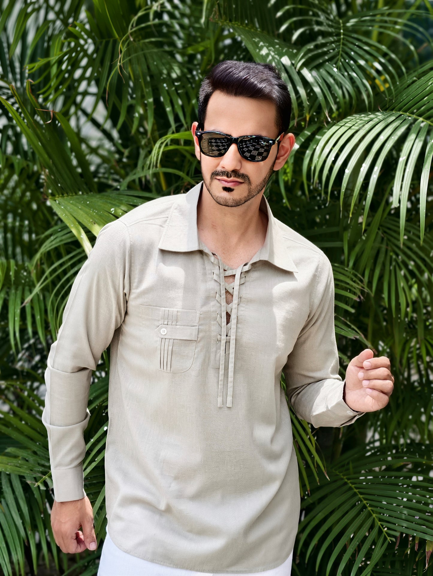 Men’s Lace-Up Collar Linen Cotton Kurta Shirt