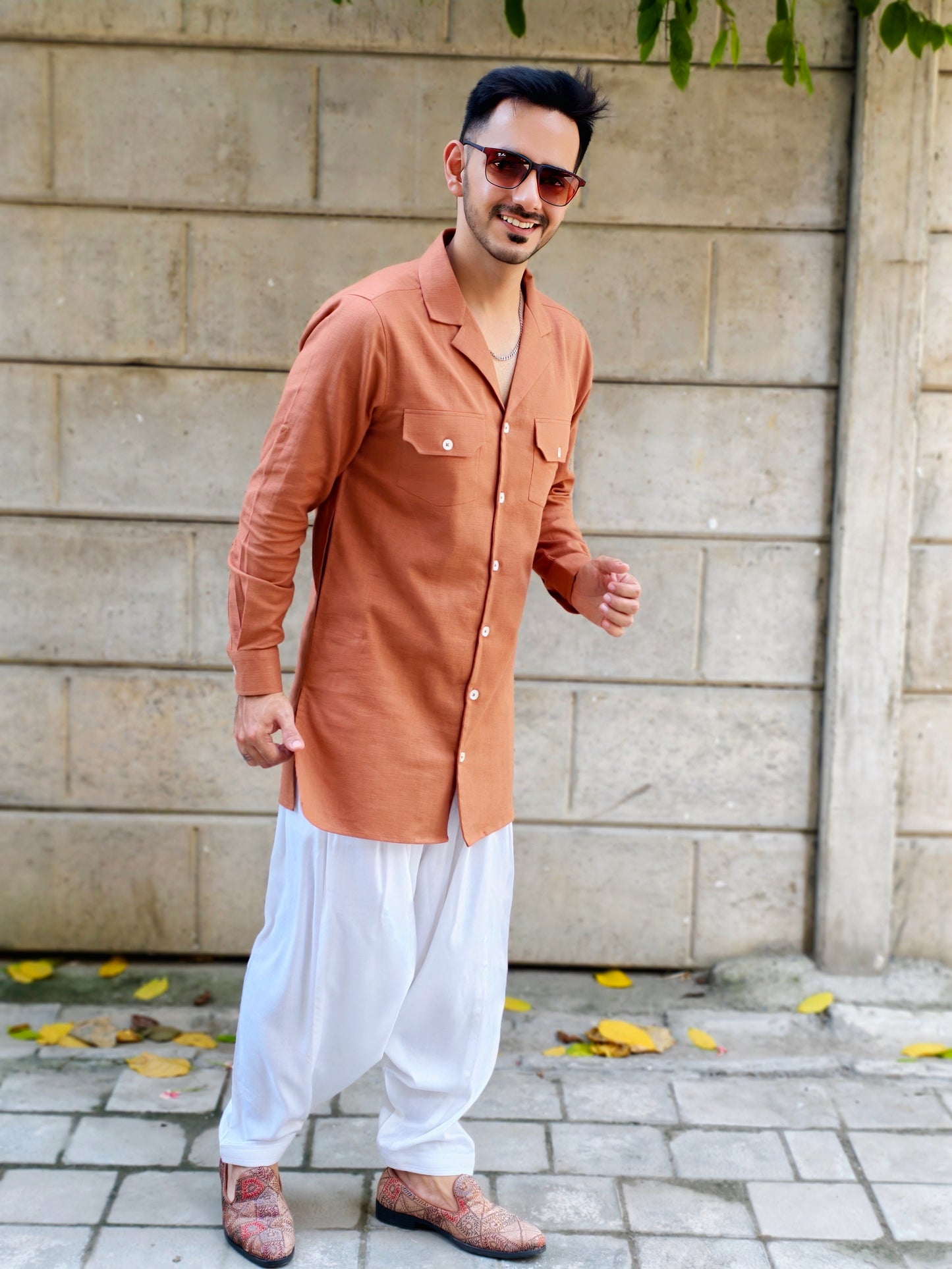 Men’s Coat Collar Rust Brown Button-Down Kurta with White Dhoti Salwar | Ethnic & Festive Wear