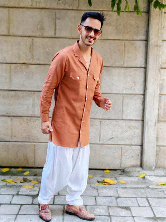 Men’s Coat Collar Rust Brown Button-Down Kurta with White Dhoti Salwar | Ethnic & Festive Wear