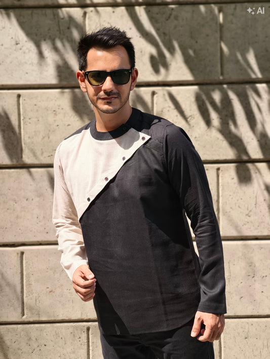Black & Ecru Asymmetric Linen Short Kurta