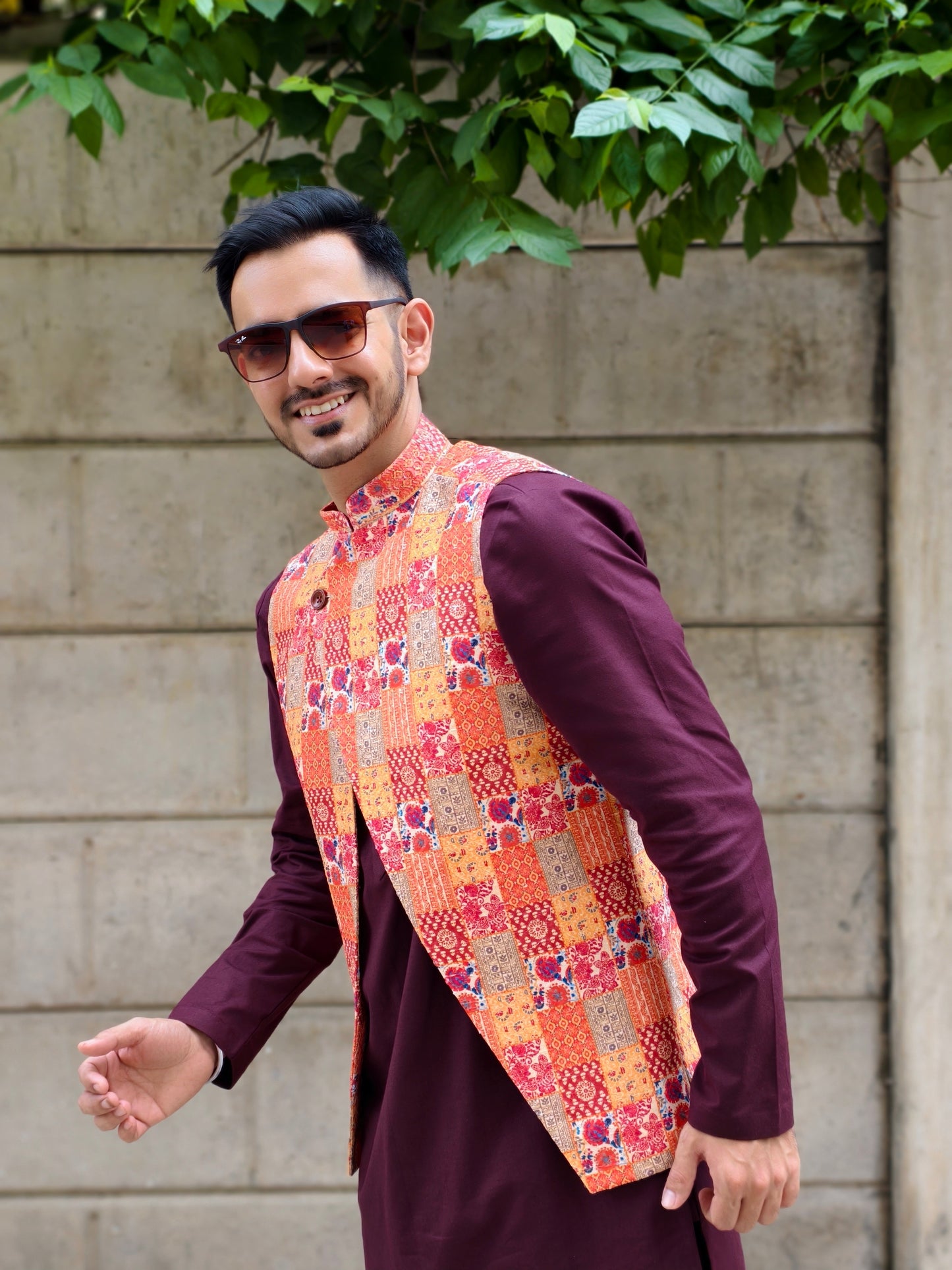 Men’s Multicolor Printed Asymmetrical Nehru Jacket | Festive & Wedding Ethnic Waistcoat for Kurta Pajama