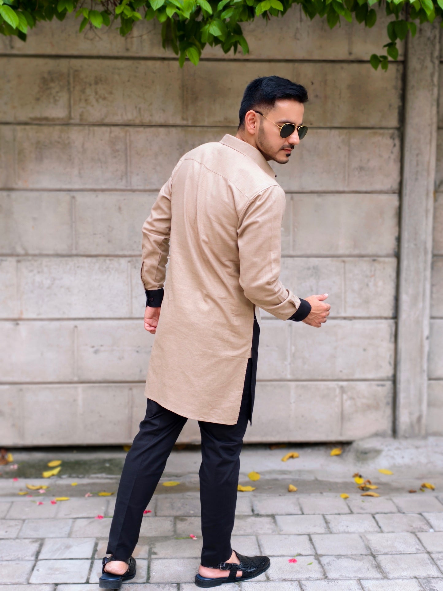 Men’s Designer Black, Khaki and Cream V-Style Contrast Kurta Pajama Set | Stylish Ethnic Wear for Weddings & Parties